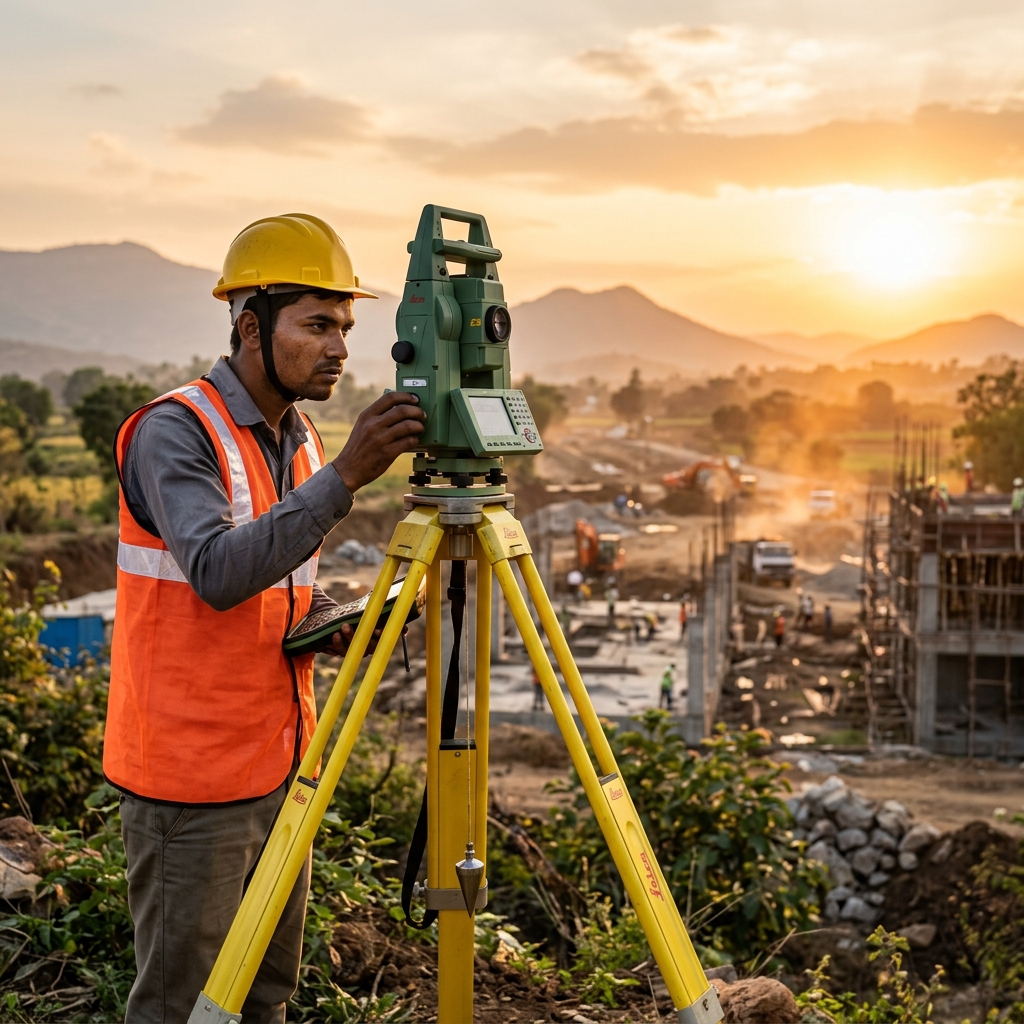 Modern Total Station surveying instrument on a tripod in the field