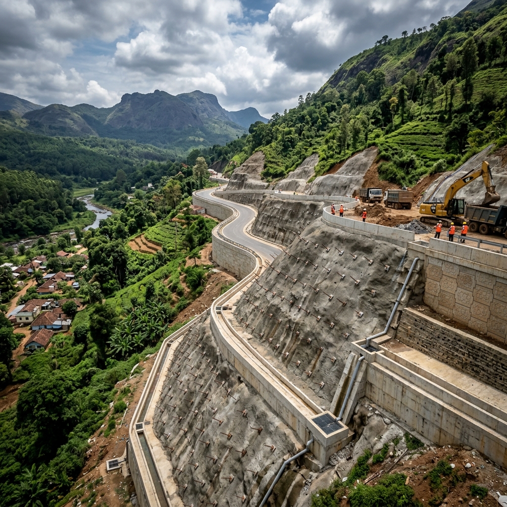 Hillside with slope stabilization measures including soil nailing and drainage